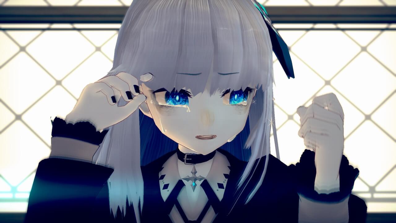 백발과 푸른 눈을 가진 울고있는 애니메이션 캐릭터 소녀
